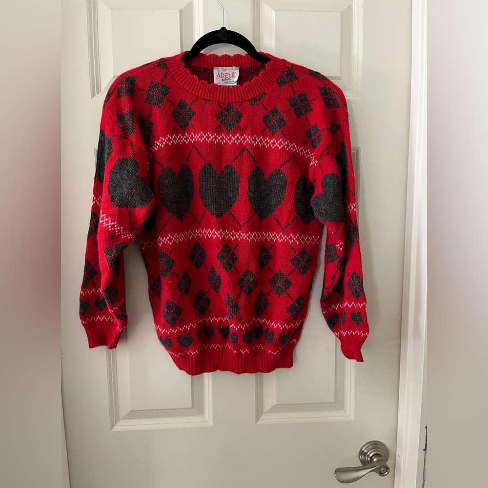 Vintage Adele Knitwear 80’s Red/Gray Argyle Heart Pattern Sweater Valentines S